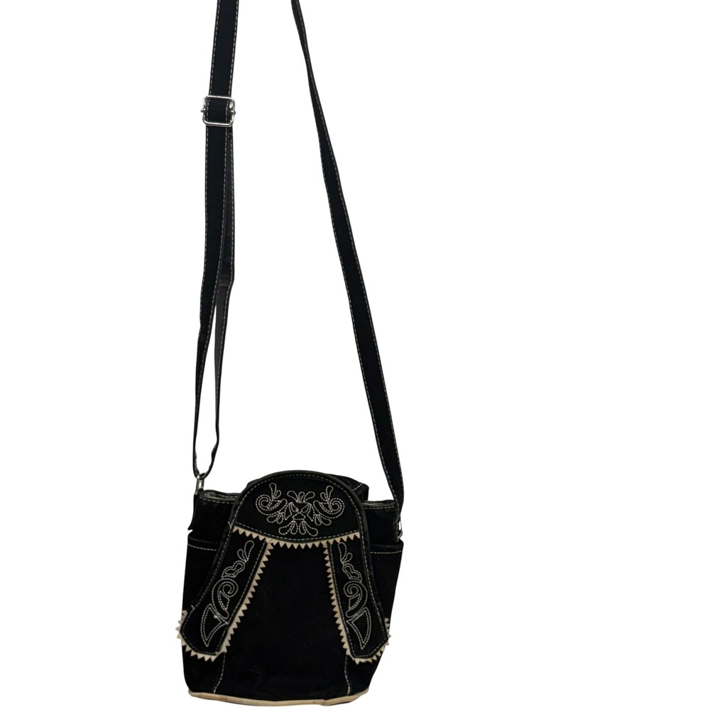 Trachten Black Embroidered Fabric Folk Western Crossbody Bag Small Scalloped